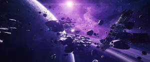 แสงสีม่วงอุลตราไวด์ ดาวเทียมและก้อนหินอุกกาบาตในอวกาศ — 2560x1080 วอลเปเปอร์