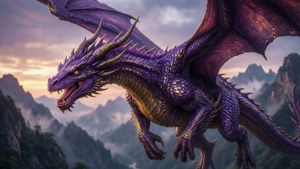 ฉากแฟนตาซีสุดยิ่งใหญ่ของมังกรสีม่วงที่บินเหนือภูเขา — สีม่วง วอลเปเปอร์