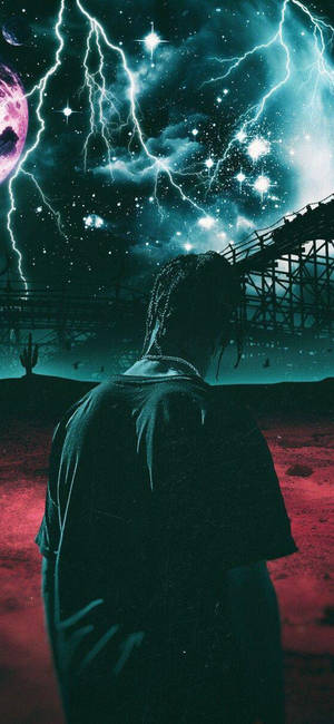 วอลเปเปอร์ Astroworld พร้อมภาพสวยงามของ Travis Scott และพื้นหลังสายฟ้า