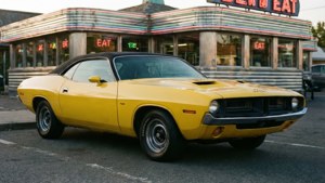 รถ Plymouth Barracuda สีเหลืองรุ่นปี 1974 จอดหน้าร้านอาหารย้อนยุค แสงยามบ่าย คิดถึงวันวาน — 1366x768 วอลเปเปอร์