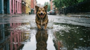 วีโว่กระโดดเล่นในแอ่งน้ำฝนพร้อมภาพสะท้อน