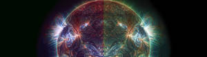 วอลเปเปอร์อวกาศทรงกลมสีชมพูและเขียว — 5120x1440 วอลเปเปอร์