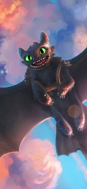 วอลเปเปอร์ Toothless จาก How To Train Your Dragon บนท้องฟ้าสีชมพู — iPhone 12 วอลเปเปอร์