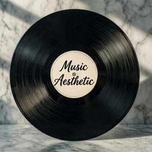 แผ่นเสียงไวนิลพร้อมข้อความ 'Music Aesthetic' บนพื้นหินอ่อนเรียบหรู — ดนตรีสุนทรีย์ วอลเปเปอร์