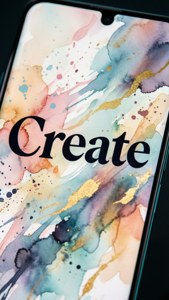 Pixel 8 พร้อมวอลเปเปอร์ตัวอักษร 'Create' และสีน้ำที่พริ้วไหว