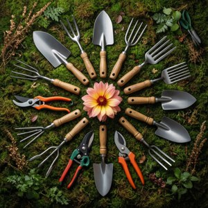 เครื่องมือทำส gardenจัดเรียงเป็นวงกลมรอบดอกไม้บนมอส — อินฟินิกซ์ ศูนย์ วอลเปเปอร์