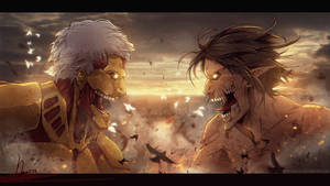 เกราะยักษ์เผชิญหน้ากับไททันจู่โจมในศึกที่ชิกันชินะ วอลเปเปอร์ Attack On Titan