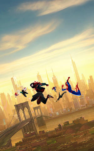 Into The Spider Verse กับสไปเดอร์แมนหลายตัวกระโดดกลางอากาศ — Galaxy Tab S9 วอลเปเปอร์