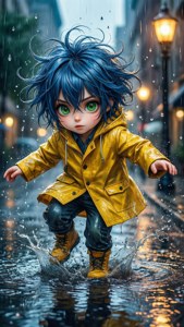 เด็กสาวอนิเมะผมสีฟ้ากำลังสนุกสนานกระทบน้ำในแอ่งบนถนนเมืองในวันฝนตก