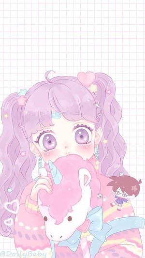 สาวน้อยอนิเมะน่ารักกับตุ๊กตายูนิคอร์น — น่ารักอนิเมะ วอลเปเปอร์