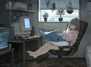สาวอนิเมะนอนหลับหน้าจอแล็ปท็อป