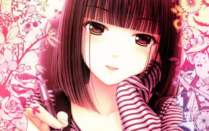 สาวอนิเมะน่ารักถือปากกาพร้อมลายเส้นขยุ้ม — น่ารักอนิเมะ วอลเปเปอร์