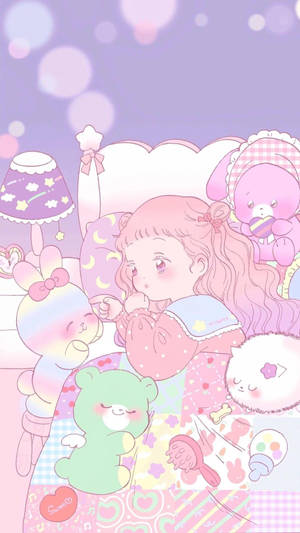 สาวอนิเมะน่ารักบนเตียงพร้อมตุ๊กตาสัตว์ — น่ารักอนิเมะ วอลเปเปอร์