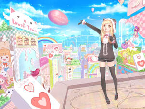 สาวอนิเมะน่ารักรายล้อมด้วยร้านค้าสุดคิวท์ — น่ารักอนิเมะ วอลเปเปอร์