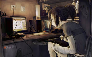 สาวอนิเมะสับสนหน้ากแล็ปท็อป