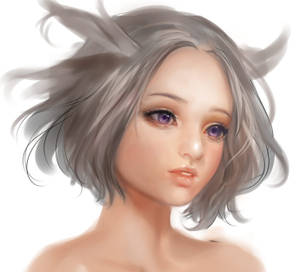 วอลเปเปอร์ดิจิทัลอาร์ตสาวอนิเมะ 3D ผมสั้นสีขาวและดวงตาสีม่วง