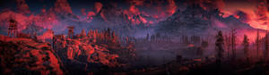 วอลเปเปอร์พระอาทิตย์ตกสีแดงเข้มกับภูเขา — 5120x1440 วอลเปเปอร์