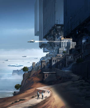 วอลเปเปอร์แฟนตาซีสวยงามของเมืองอนาคตใกล้ทะเล — Galaxy Z Fold 5 วอลเปเปอร์