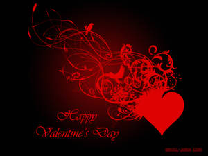 หัวใจสีแดงสดมีลวดลายใบไม้และนกแบบชนเผ่าครึ่งหนึ่ง พร้อมข้อความ "Happy Valentine's Day" เขียนด้วยสีแดงที่ด้านล่าง — ทรูแบล็ค วอลเปเปอร์