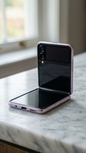 Z Flip 5 สไตล์มินิมอลวางบนหินอ่อนพร้อมแสงพาสเทลนุ่มนวล