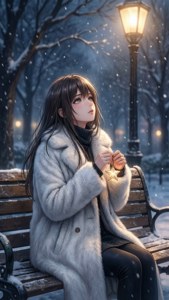 สาวน้อยอนิเมะนั่งบนม้านั่งท่ามกลางหิมะใต้แสงไฟถนน