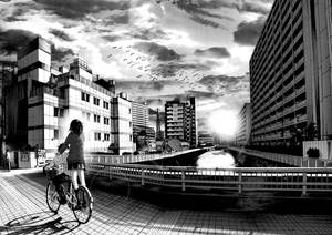 อนิเมะสาวน้อยกับจักรยานในเมืองขาวดำ — อนิเมะเมือง GIF วอลเปเปอร์