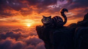 เงาของแมวเชสเชียร์ตัดกับพระอาทิตย์ตกสีสันสดใส — 柴郡猫 วอลเปเปอร์