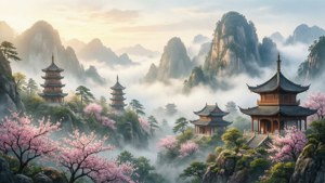 ทิวทัศน์ภูเขาจีนอันเงียบสงบพร้อมเจดีย์และดอกซากุระในสไตล์สีน้ำ