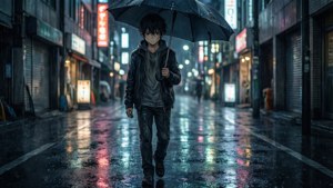 เด็กหนุ่มอนิเมะผู้เศร้าเดินคนเดียวบนถนนเมืองยามฝนตกตอนกลางคืน ตัวเปียกโชก