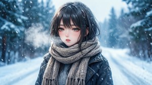 สาวอนิเมะกำลังเพลิดเพลินกับทิวทัศน์หิมะในฤดูหนาว