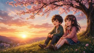 เด็กอนิเมะสองคนเพลิดเพลินกับยามพระอาทิตย์ตกดินอันเงียบสงบใต้ต้นซากุระ
