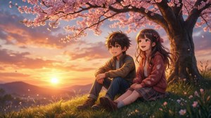 เด็กอนิเมะสองคนเพลิดเพลินกับยามพระอาทิตย์ตกดินอันเงียบสงบใต้ต้นซากุระ
