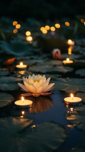สระบัวอันสงบยามค่ำคืนพร้อมเทียนลอยน้ำ สะท้อนแสงสีทองอบอุ่น — สุนทรียภาพศิลปะ GIF วอลเปเปอร์