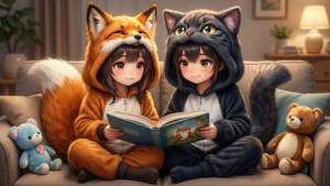 เด็กอนิเมะสองคนในชุดสัตว์น่ารักนั่งอ่านหนังสือด้วยกันบนโซฟาที่อบอุ่น