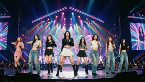 TWICE กำลังแสดงบนเวทีที่เต็มไปด้วยแสงนีออนสดใส