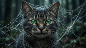 แมวเชสเชียร์ติดอยู่ในใยแมงมุมพร้อมดวงตาเรืองแสง — 柴郡猫 วอลเปเปอร์