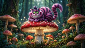 แมวเชสเชียร์บนเห็ดยักษ์ในป่ามหัศจรรย์ — 柴郡猫 วอลเปเปอร์