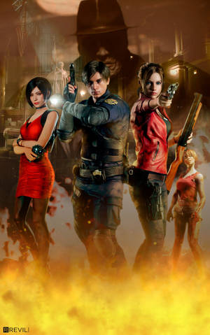 วอลเปเปอร์มือถือไฟลุก Resident Evil 2 รีเมคพร้อม Ada, Leon, Claire และ Mr. X — Galaxy Tab S9 Ultra วอลเปเปอร์