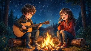 เด็กอนิเมะร้องเพลงและเล่นกีตาร์รอบกองแคมป์ไฟใต้แสงดาว