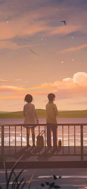 ภาพวาดแฟนหนุ่มและแฟนสาวมองทะเลสาบ — อนิเมะวิวทิวทัศน์ GIF วอลเปเปอร์