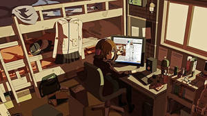 โต๊ะทำงานแล็ปท็อปสาวอนิเมะสว่างด้วยเงา