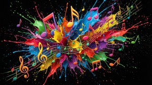 โน้ตเพลงและสีสาดสไตล์นามธรรมบนพื้นดำ — ดนตรีสุนทรีย์ วอลเปเปอร์