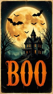 โปสเตอร์ย้อนยุคที่มีดวงจันทร์ ค้างคาว บ้านผีสิง และข้อความ BOO