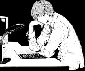 ไลท์ ยางามิ ครุ่นคิดที่โต๊ะทำงาน