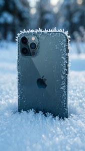 iPhone 11 Pro Max ถูกฝังอยู่ในหิมะพร้อมรายละเอียดเกล็ดน้ำแข็งและพื้นหลังฤดูหนาว